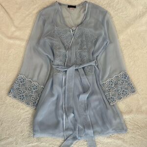 Chic Sheer Beautiful Light Blue Lace Slip & Robe Set
